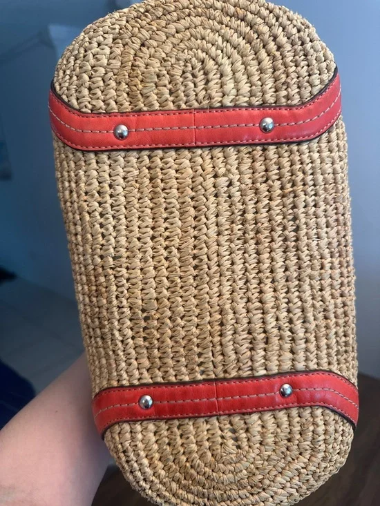 Coach Straw Tote #22904 Coral and Red Leather Trim EUC - Picture 7 of 7